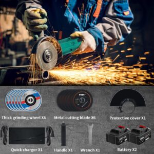 QMCAHCE cordless angle grinder with 4-1/2" grinding wheel, cut-off wheel and adjustable auxiliary handle, with 2 4.0A batteries and a battery charger, for cutting, polishing, grinding and rust removal