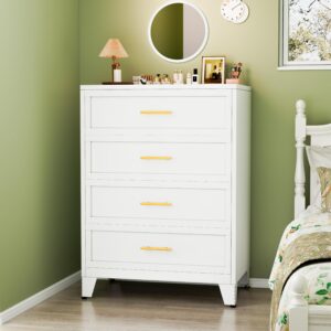 winiowa white 4 drawers dresser for bedroom, metal dresser & chest of drawers, 43.1" h tall storage cabinet drawers organizer with large storage space, steel chest of drawers for living room, hallway