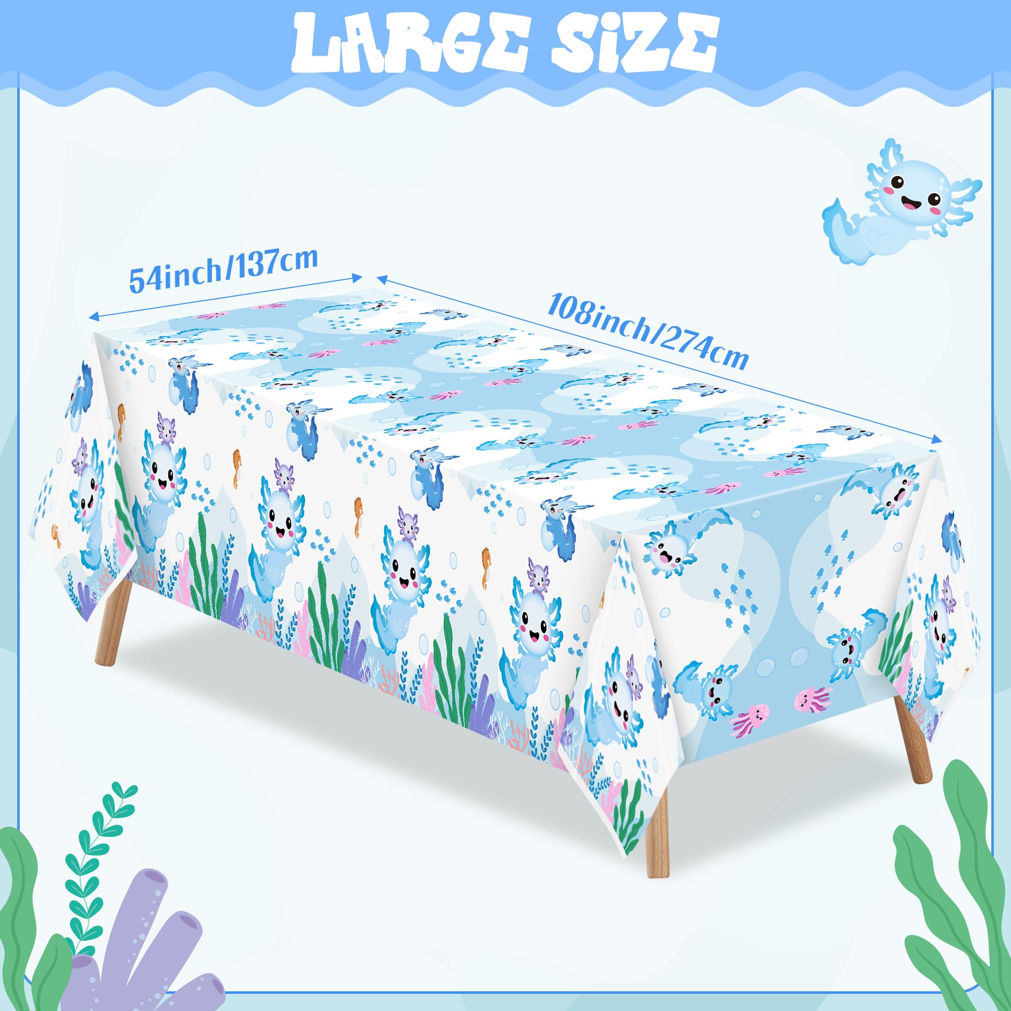 BkeeCten 3 Packs Blue Cartoon Axolotl Party Table Cover, Reptile Animals Waterproof Disposable Tablecover, Plastic Rectangle Tablecloth for Kids Axolotl Birthday Baby Shower Party Supplies, 86x51 inch