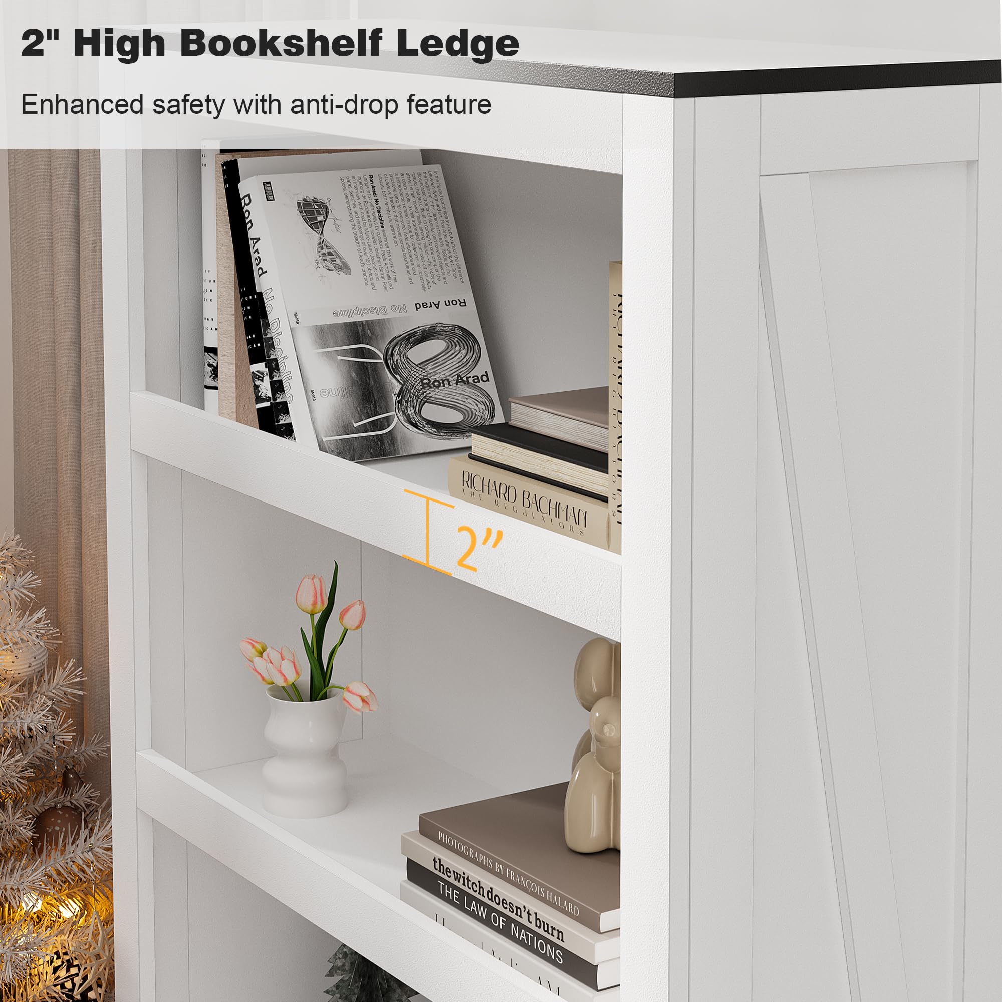 LUMIINOFAMI Bookshelf with Cabinet, 68.9'' Book Shelf with Door 5 Tier Farmhouse Bookshelf with Glass Window, Wood Bookcase Bookshelves Kitchen Pantry for Living Room Home Office Kitchen (White)