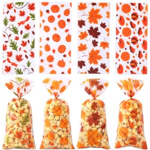 kistreao thanksgiving cellophane treat bags clear fall pumpkin maple leaf candy bags plastic goodie cookie gift bags with twist ties for autumn harvest thanksgiving party supplies 50pcs (b)