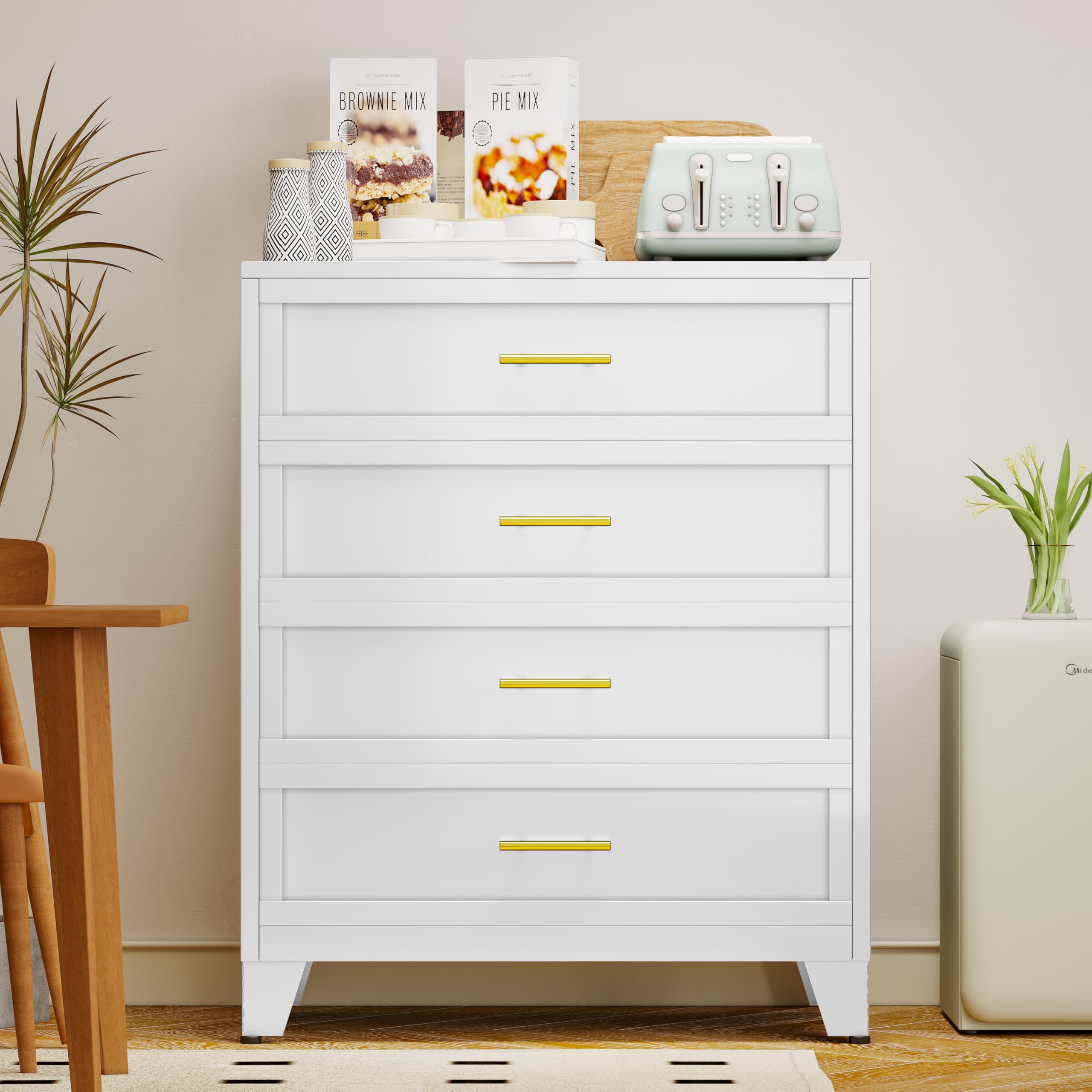 winiowa White 4 Drawers Dresser for Bedroom, Metal Dresser & Chest of Drawers, 43.1" H Tall Storage Cabinet Drawers Organizer with Large Storage Space, Steel Chest of Drawers for Living Room, Hallway