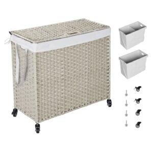 knocbel laundry hamper with lid and 2 liners, pe rattan frame clothes hampers with 2 removable bags, laundry sorter with side handle and 4 wheels, gray 160l/42.26gal