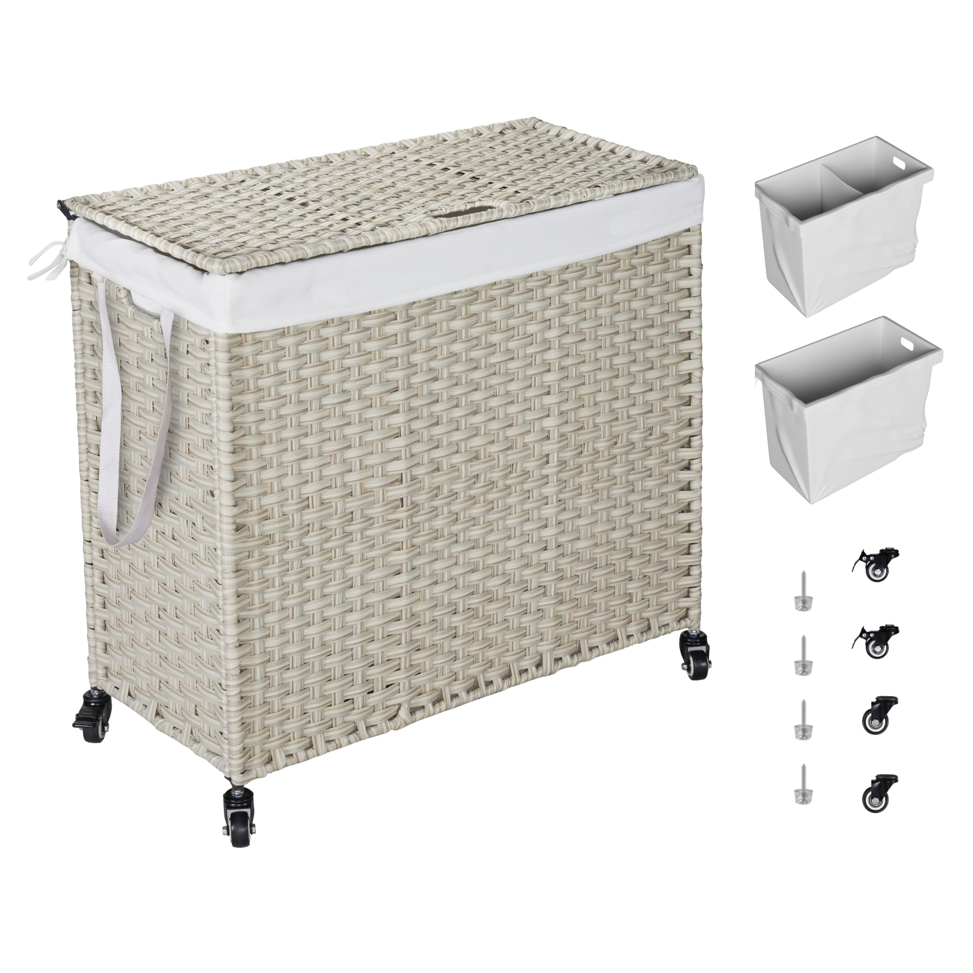 Knocbel Laundry Hamper with Lid and 2 Liners, PE Rattan Frame Clothes Hampers with 2 Removable Bags, Laundry Sorter with Side Handle and 4 Wheels, Gray 160L/42.26Gal