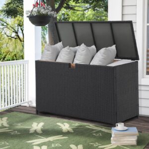 Super Patio Outdoor Patio Storage Box Waterproof, 120 Gallon Large Deck Box Wicker Storage Bin for Cushions, Garden Tools, Black