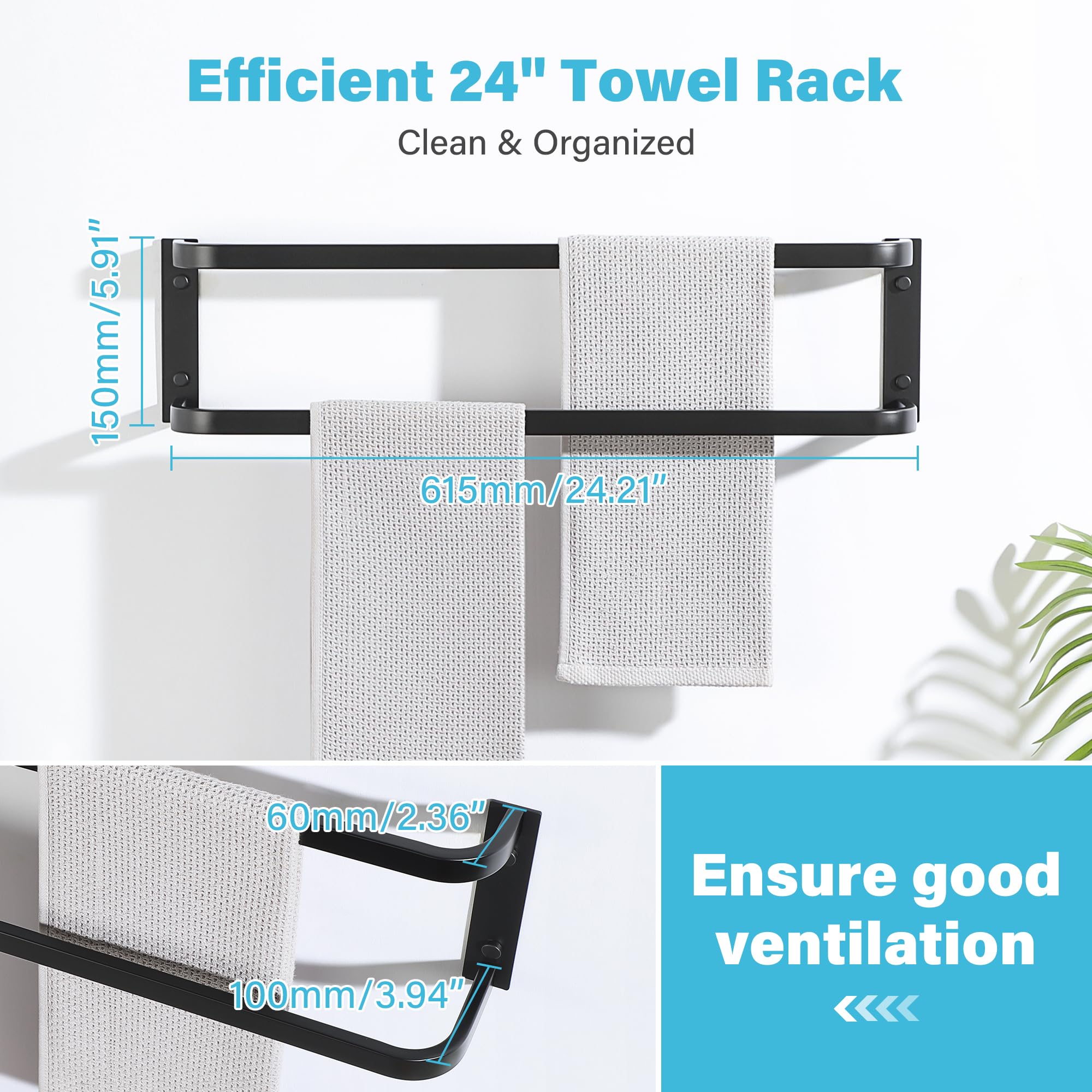 Mooche Double Bath Towel Bars Towel Racks for Bathroom,Wall Mount Towel Holder Heavy Duty 24-Inch Towel Hanger Rail Wall Mount, SUS304 Stainless Steel Matte Black