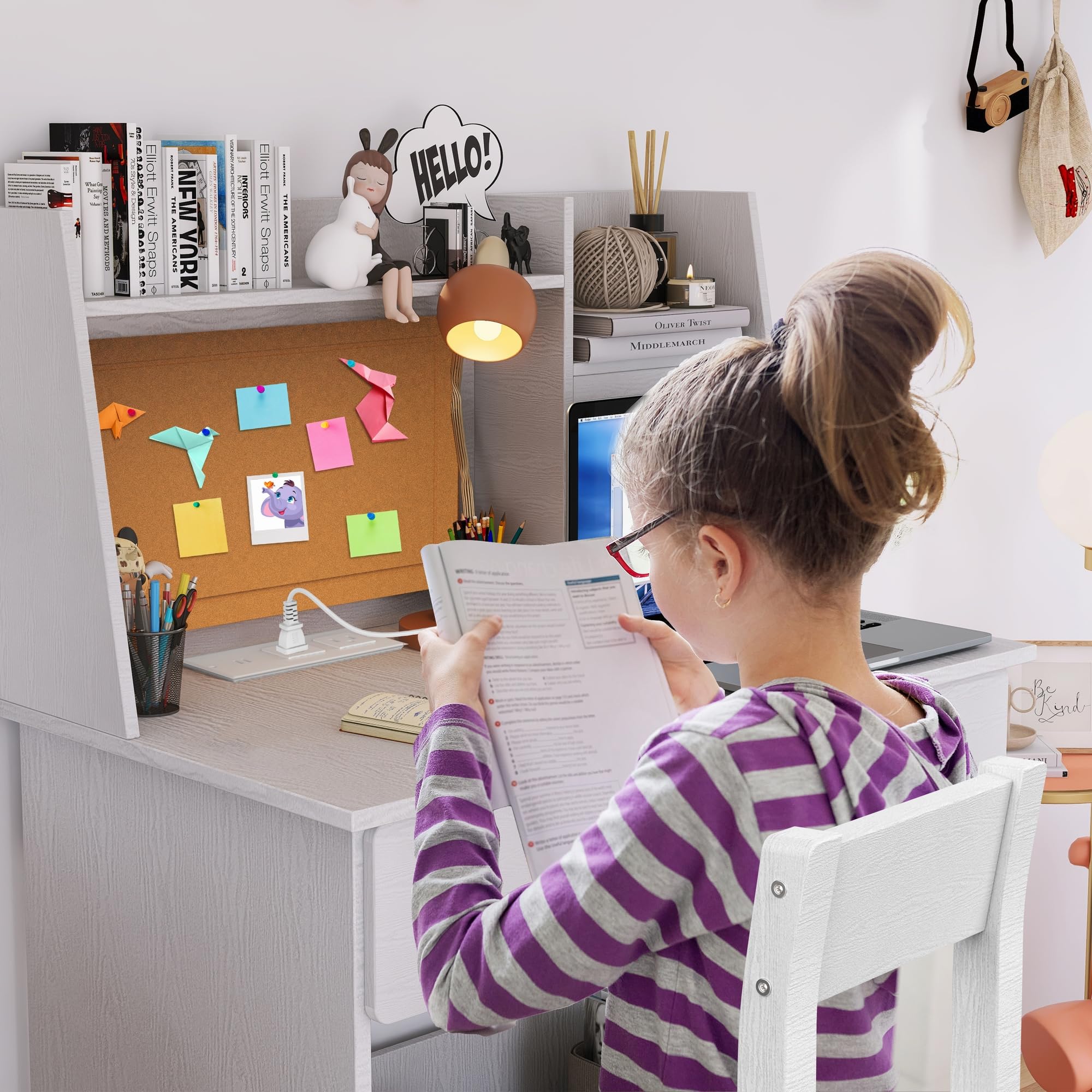 SFDOU Childrens Computer Desk with Drawers and Storage Shelf, White Kids Desk and Chair Set for 5-12 Year Old, Kids Study Table with Charging Station-7hSUl3