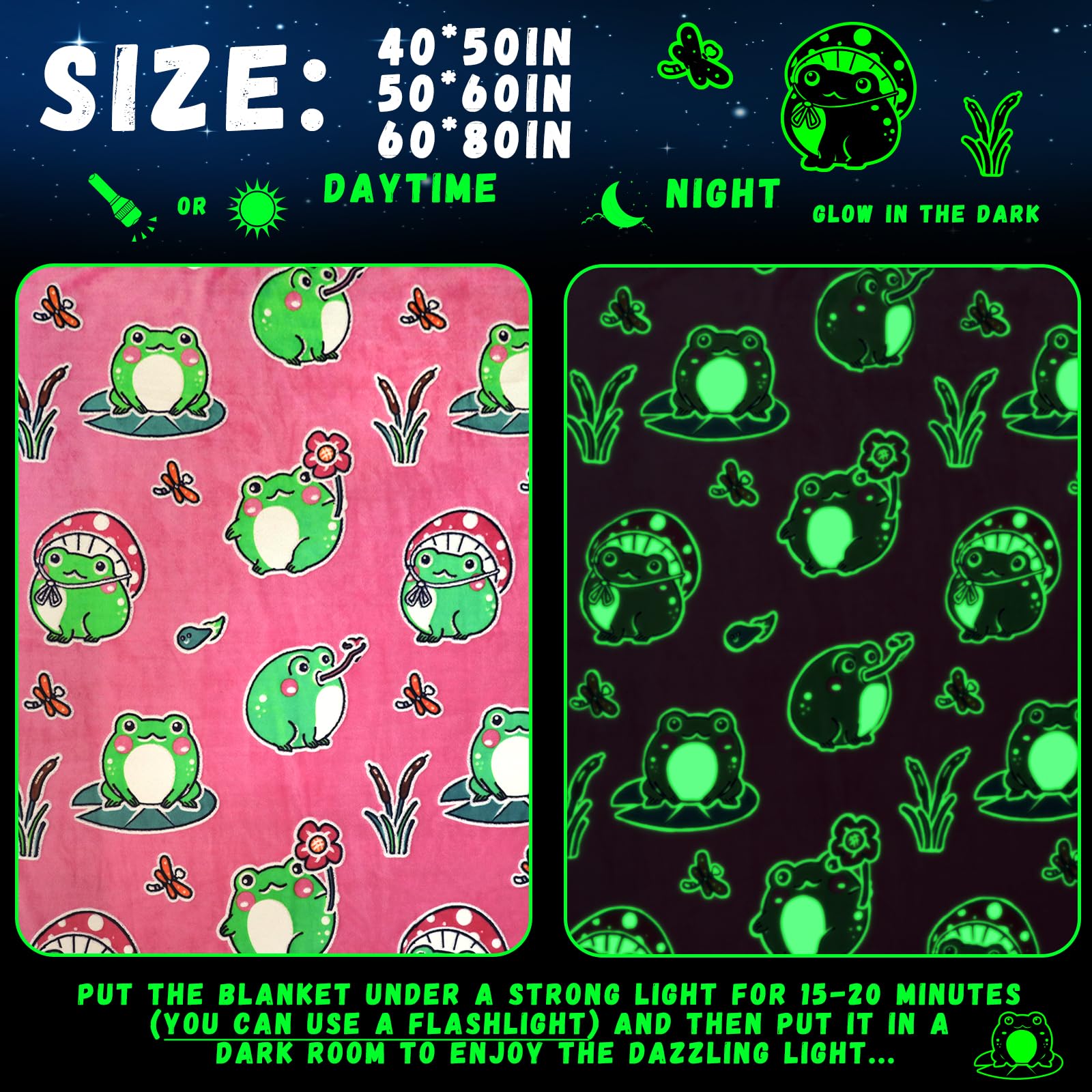 HWING Glow in The Dark Frog Blanket Cute Frog Gifts for Girls Women Frog Stuff Frog Decor for Bedroom Mushroom Frog Throw Blanket