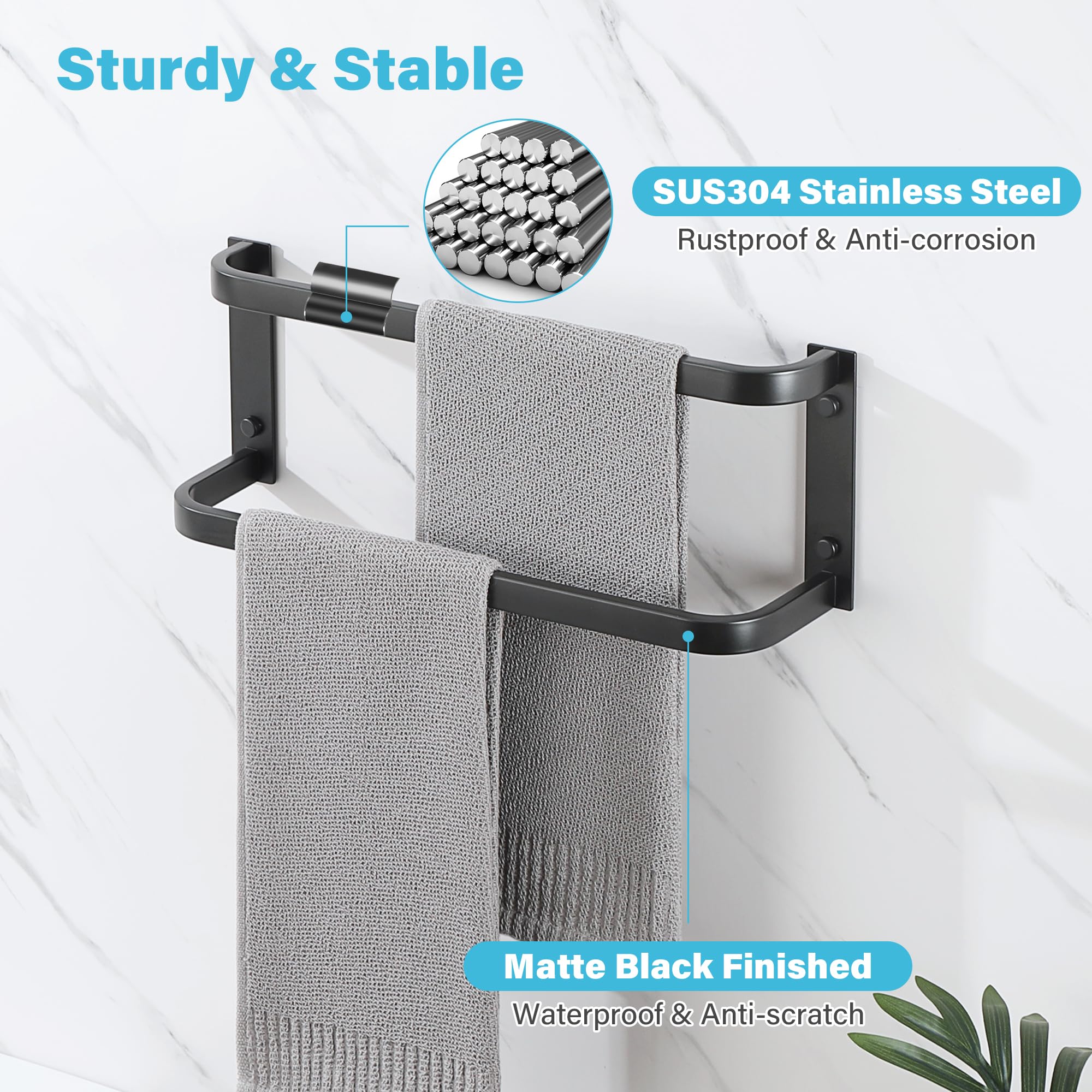 Mooche Double Bath Towel Bars Towel Racks for Bathroom,Wall Mount Towel Holder Heavy Duty 16-Inch Towel Hanger Rail Wall Mount, SUS304 Stainless Steel Matte Black