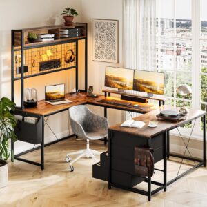 u shaped desk with monitor stand and led lights, u shaped gaming desk with storage shelves, large computer desk with power outlets, large corner office desk with 4 drawers,rustic brown