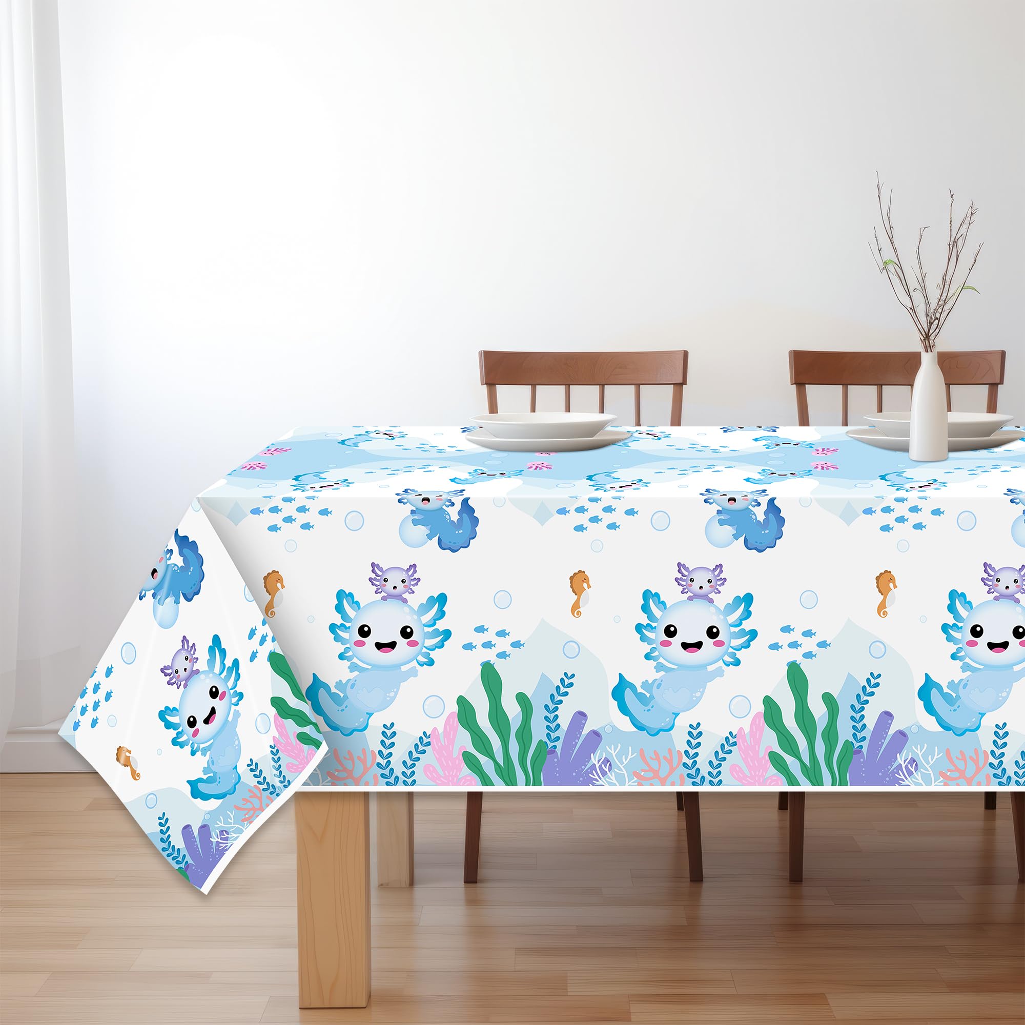 BkeeCten 3 Packs Blue Cartoon Axolotl Party Table Cover, Reptile Animals Waterproof Disposable Tablecover, Plastic Rectangle Tablecloth for Kids Axolotl Birthday Baby Shower Party Supplies, 86x51 inch