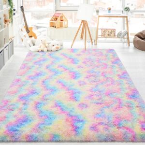 Softlife Area Rug for Bedroom, 4x6 Feet Plush Fluffy Rug for Living Room, Tie-Dyed Rainbow Shag Rug for Aesthetic Room Decor, Ultra Soft Modern Fuzzy Faux Fur Carpet for Kids Nursery Room Dorm