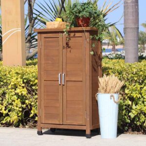 outdoor storage cabinet, wood storage cabinet, garden patio storage cabinet, outside garden tool cabinet shed with removable shelf, tool shed with double doors, for backyard, garden, patio