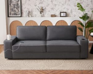 vanacc modern sofa, 89in couch- comfy sofa with cup holders & usb charging ports, deep seat sofa couch for living room, charcoal grey chenille