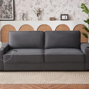 VanAcc Modern Sofa, 89in Couch- Comfy Sofa with Cup Holders & USB Charging Ports, Deep Seat Sofa Couch for Living Room, Charcoal Grey Chenille