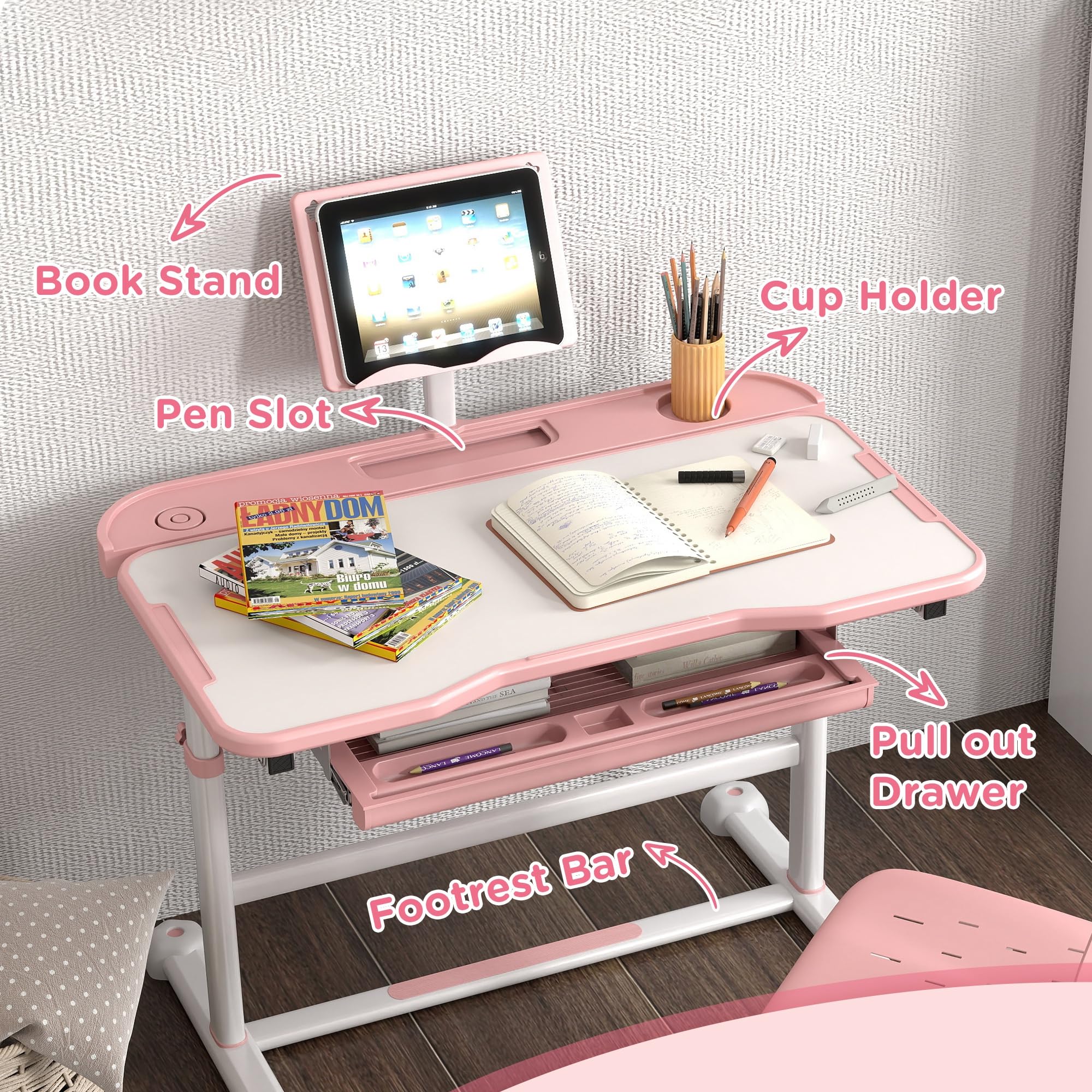 Qaba Kids Desk and Chair Set, Height Adjustable Kids School Study Desk and Chair Set with Tilt Desktop, Storage Drawer & Book Stand for Writing, Reading and Drawing, Pink