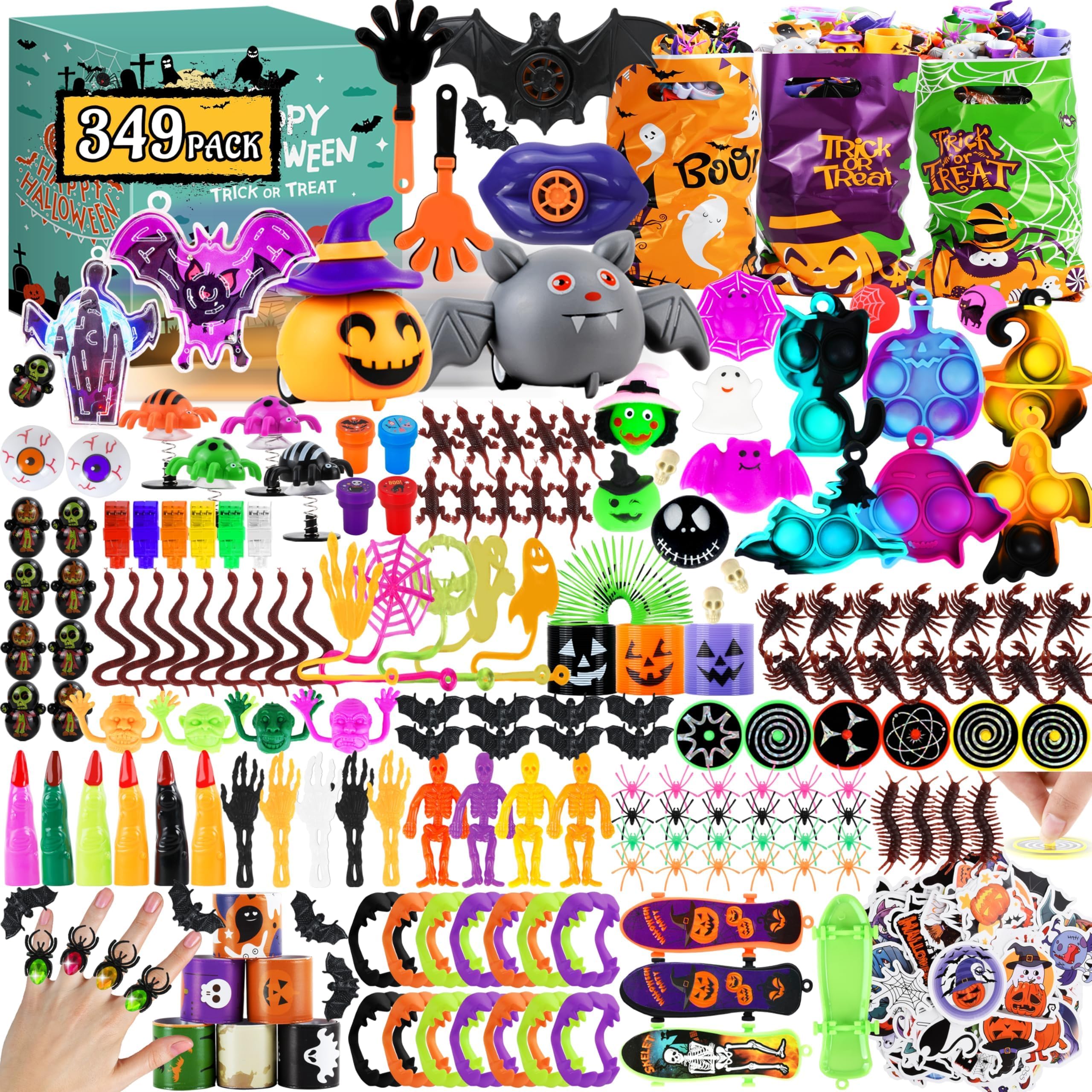 PURPERCAT 349 Pcs Halloween Party Favors Halloween Treats Toys in Bulk Goodie Bags Stuffers Halloween Pinata Fillers Halloween Trick or Treat Classroom Party Supplies, Treasure Box Toys