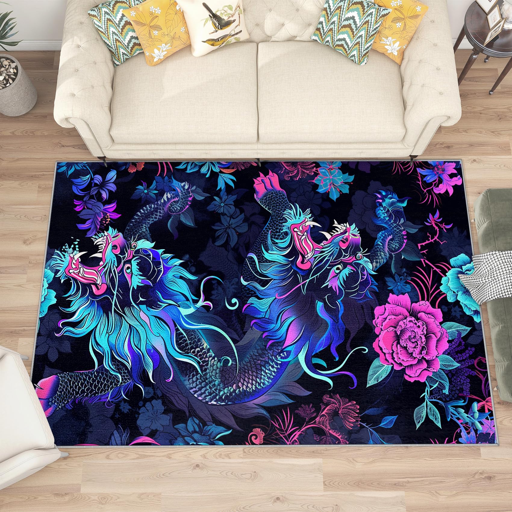 Yoozitrees 5x8 Rug, Japanese Dragon Rug, Chinese Dragon Floral Fantasy Rugs for Living Room Bedroom, Neon Tattoo Carpet, Washable & Non Slip Large Indoor Area Rug, Japanese Dragon Home Decor & Gifts