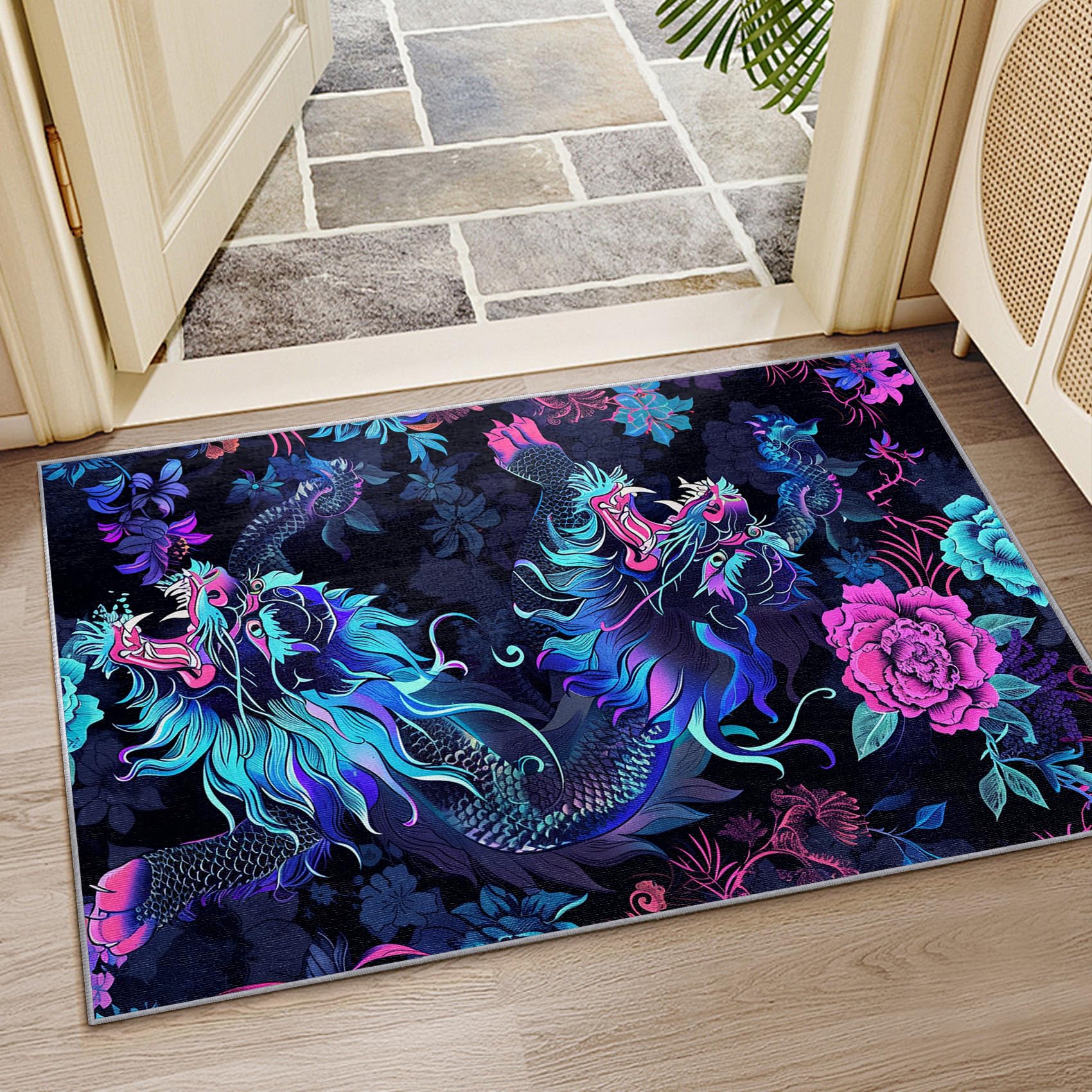 Yoozitrees 5x8 Rug, Japanese Dragon Rug, Chinese Dragon Floral Fantasy Rugs for Living Room Bedroom, Neon Tattoo Carpet, Washable & Non Slip Large Indoor Area Rug, Japanese Dragon Home Decor & Gifts