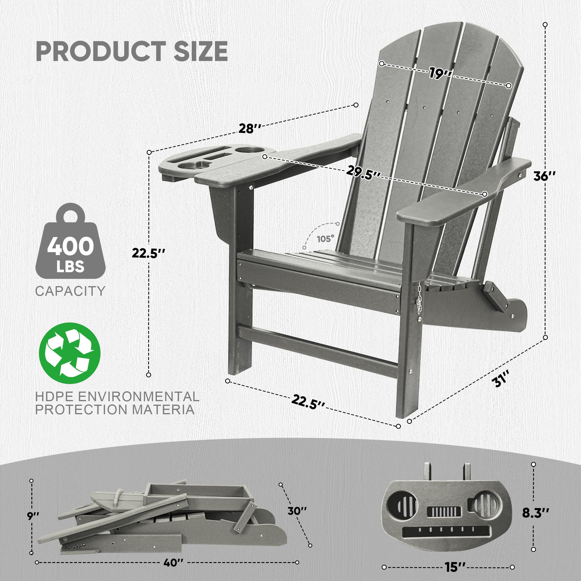 FOOWIN Adirondack Chair Set of 4, HDPE Folding Adirondack Chair w/4 in 1 Cup Holder Trays,Weather Resistant Outdoor Chair, Fire Pit Chairs for Patio Lawn Garden Backyard Deck,15min Assembly 400LB