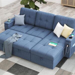 AMERLIFE 84 Inch Pull Out Couch, Tufted Sofa Bed with 2 USB Sockets & Cup Holders, L Shape Sectional Sleeper Sofa Bed with Storage Chaise- Linen Blue