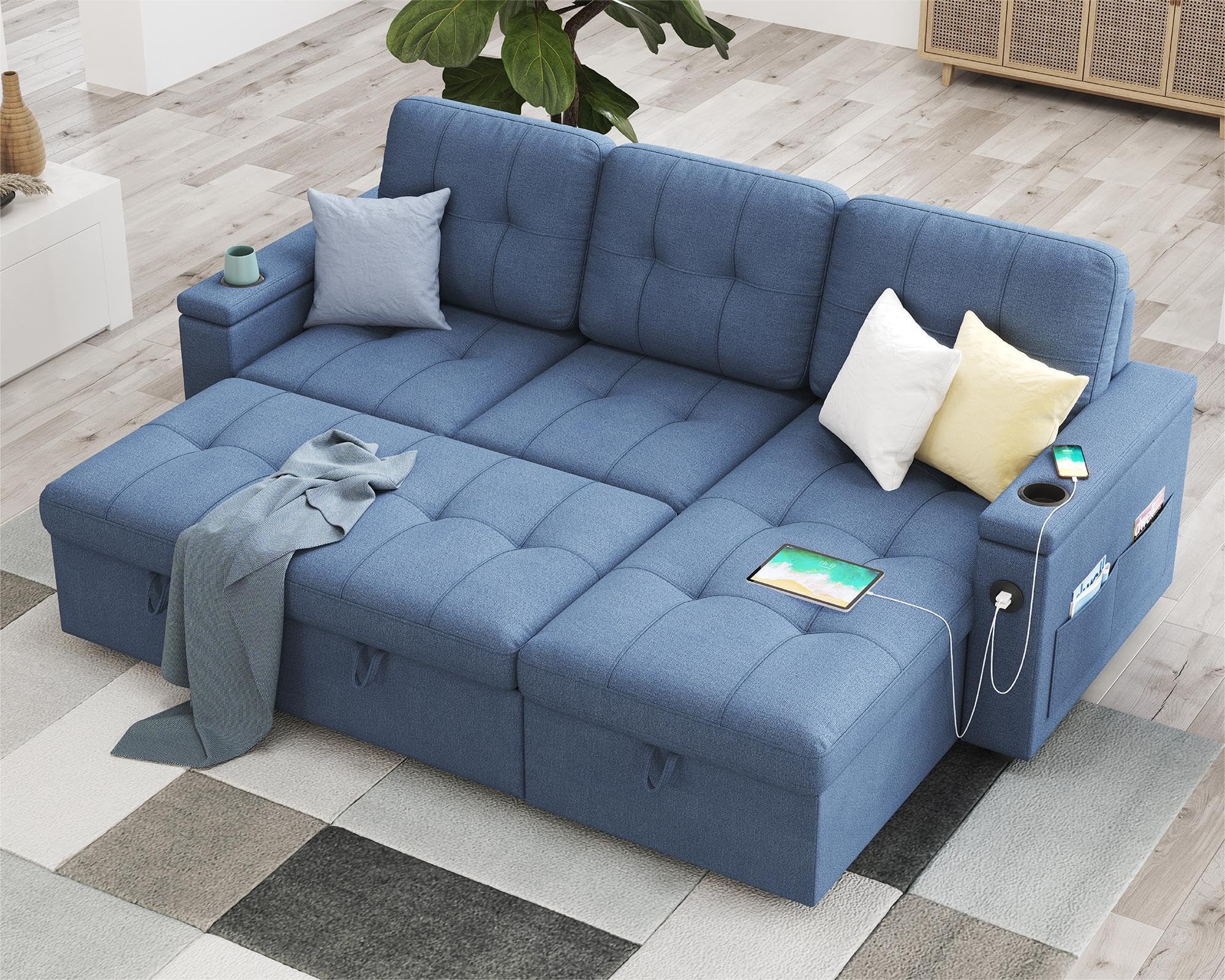 AMERLIFE 84 Inch Pull Out Couch, Tufted Sofa Bed with 2 USB Sockets & Cup Holders, L Shape Sectional Sleeper Sofa Bed with Storage Chaise- Linen Blue