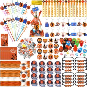 saypacck 229 pcs party favors with ball bracelets mini pinball mini bubble wands straws keychains badges stickers stamps gift bags party tags for birthday themed party sport supplies(basketball)