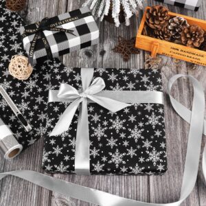 FIEHALA Black Christmas Mini Wrapping Paper Roll - Reversible Holiday Wrapping Paper(17" X 32.8 Feet) - Buffalo Plaid & Snowflakes Patterns