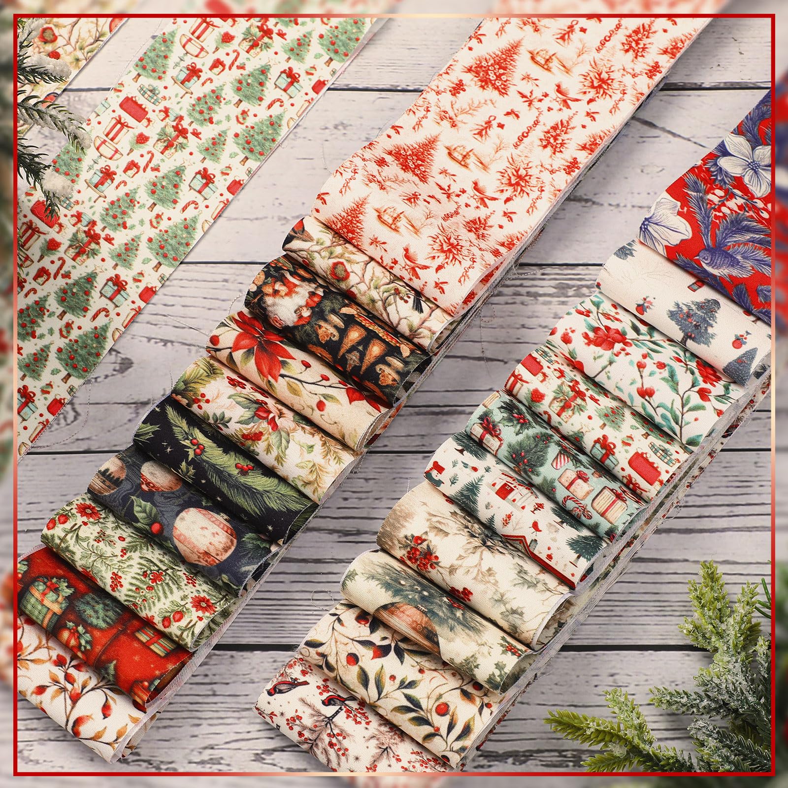 Fanfanwin 40 Pcs Vintage Christmas Quilting Fabric Jelly Fabric Squares 2.56 Inch Christmas Fabric Roll Precut Patchwork Snowflake Reindeer Fabric Strips for Xmas Craft Sewing DIY