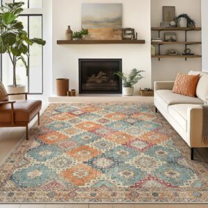 genimo washable area rugs for living room bedroom, 8x10 vintage moroccan non-slip rug, lightweight oriental accent indoor floor carpet cover for dining room kitchen, orange