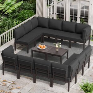 knnbxa 14 pieces patio furniture set 12-seat metal modular outdoor patio conversation sectional w/thick cushions and coffee table for porch,backyard,lawn,black(dark gray)