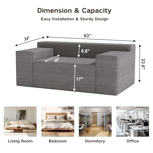 PurrJoys Small Modern Loveseat Sofa, Hybrid Sofa Couch in a Box, No Assembly Needed, Sleeper Sofa with 2 Pillows, Cat-Scratch Resistant Linen,Small Sofa for for Small Space, Living Room, Bedroom,Grey