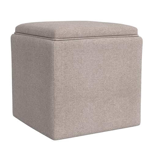 HomePop Home Decor Storage Ottoman with Tray Top|Upholstered Modern Square Storage Ottoman with Storage for Living Room & Bedroom, Light Brown Woven