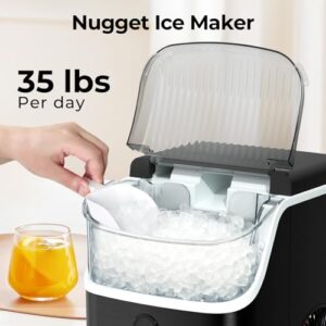 ZAFRO Nugget Ice Maker Up to 35lbs of Ice a Day,Self-Cleaning Nugget Ice Maker Countertop,Removable Ice Basket&Scoop,Black