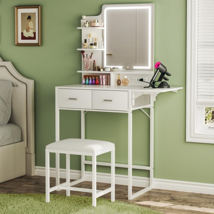 ALEXNUTRE Makeup Vanity Desk with Mirror and Lights, Small Vanity with Fabric Storage Drawer & Chair & Shelves, White Vanity with Fold-up Panel and Power Outlet for Bedroom