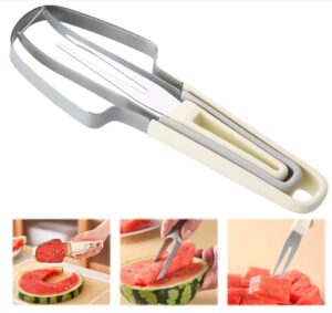 trokka 3-in-1 watermelon fork slicer cutter，stainless steel watermelon popsicle cutter watermelon cutter slicer tool melon cutter knife portability fruit fork for camping kitchen gadgets (beige)