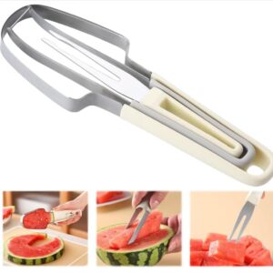 TROKKA 3-in-1 Watermelon Fork Slicer Cutter，Stainless Steel Watermelon Popsicle Cutter Watermelon Cutter Slicer Tool Melon Cutter Knife Portability Fruit Fork for Camping Kitchen Gadgets (Beige)