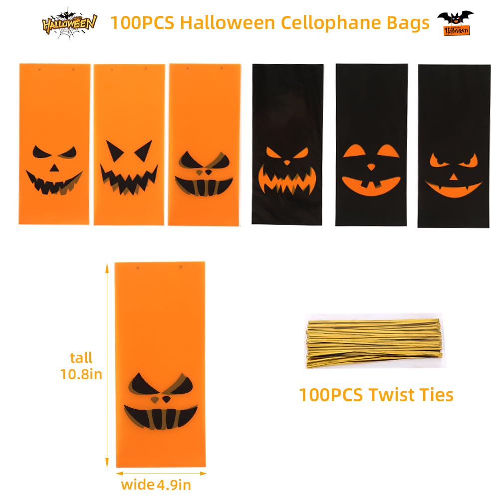 100PCS Halloween Treat Bags Candy Bags,Halloween Plastic Bags for Kids Trick or Treat, Halloween Goodie Bags with Twist Ties Halloween Snack Sandwich Cookie Bags for Party Supplies