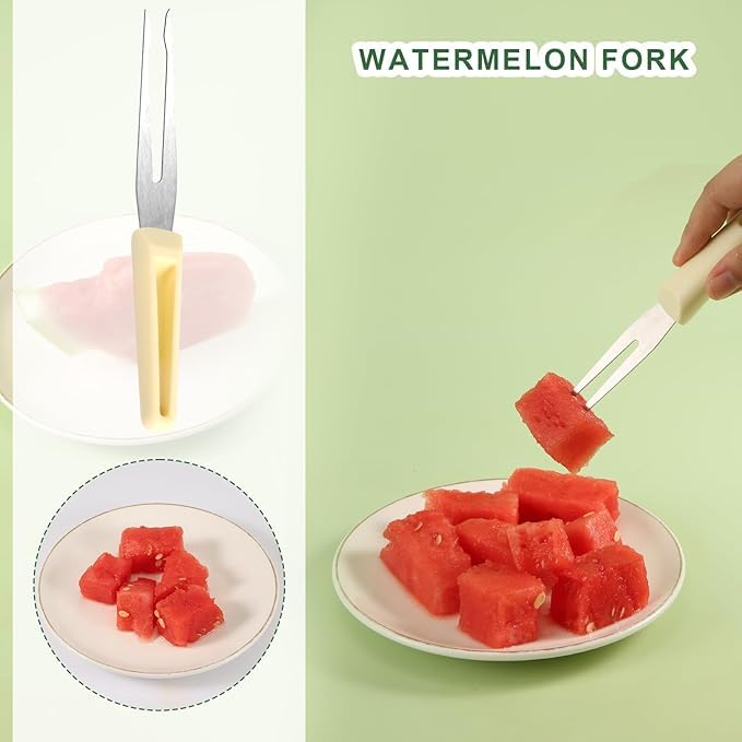 TROKKA 3-in-1 Watermelon Fork Slicer Cutter，Stainless Steel Watermelon Popsicle Cutter Watermelon Cutter Slicer Tool Melon Cutter Knife Portability Fruit Fork for Camping Kitchen Gadgets (Beige)