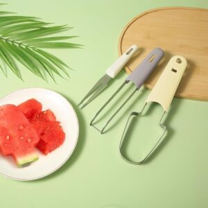 TROKKA 3-in-1 Watermelon Fork Slicer Cutter，Stainless Steel Watermelon Popsicle Cutter Watermelon Cutter Slicer Tool Melon Cutter Knife Portability Fruit Fork for Camping Kitchen Gadgets (Beige)