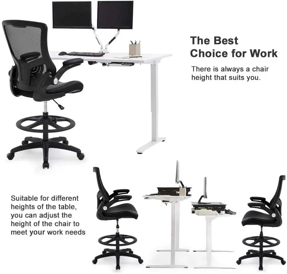 Drafting Chair Tall Mesh Drafting Stool for Standing Desk, Adjustable Bar Height Reception Office Chair with Flip-Up Arms & Foot-Ring, Ergonomic Mesh Computer Drafting Stool for Home Office Working