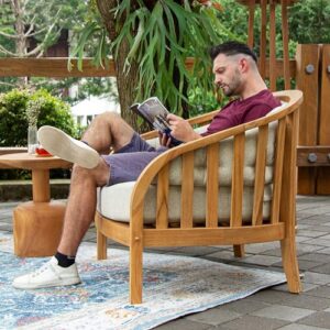 Cambridge Casual Barnese Wood Oversized Patio Lounge Chair, Natural Teak/Tan Cushion