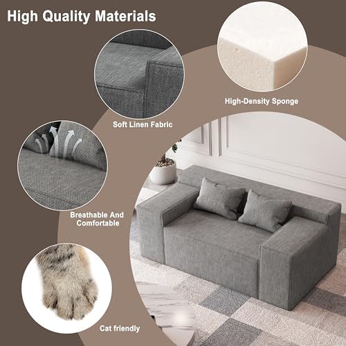 PurrJoys Small Modern Loveseat Sofa, Hybrid Sofa Couch in a Box, No Assembly Needed, Sleeper Sofa with 2 Pillows, Cat-Scratch Resistant Linen,Small Sofa for for Small Space, Living Room, Bedroom,Grey