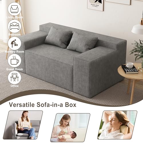 PurrJoys Small Modern Loveseat Sofa, Hybrid Sofa Couch in a Box, No Assembly Needed, Sleeper Sofa with 2 Pillows, Cat-Scratch Resistant Linen,Small Sofa for for Small Space, Living Room, Bedroom,Grey