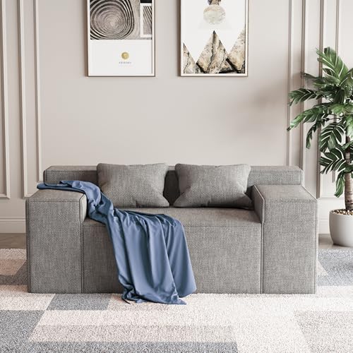 PurrJoys Small Modern Loveseat Sofa, Hybrid Sofa Couch in a Box, No Assembly Needed, Sleeper Sofa with 2 Pillows, Cat-Scratch Resistant Linen,Small Sofa for for Small Space, Living Room, Bedroom,Grey