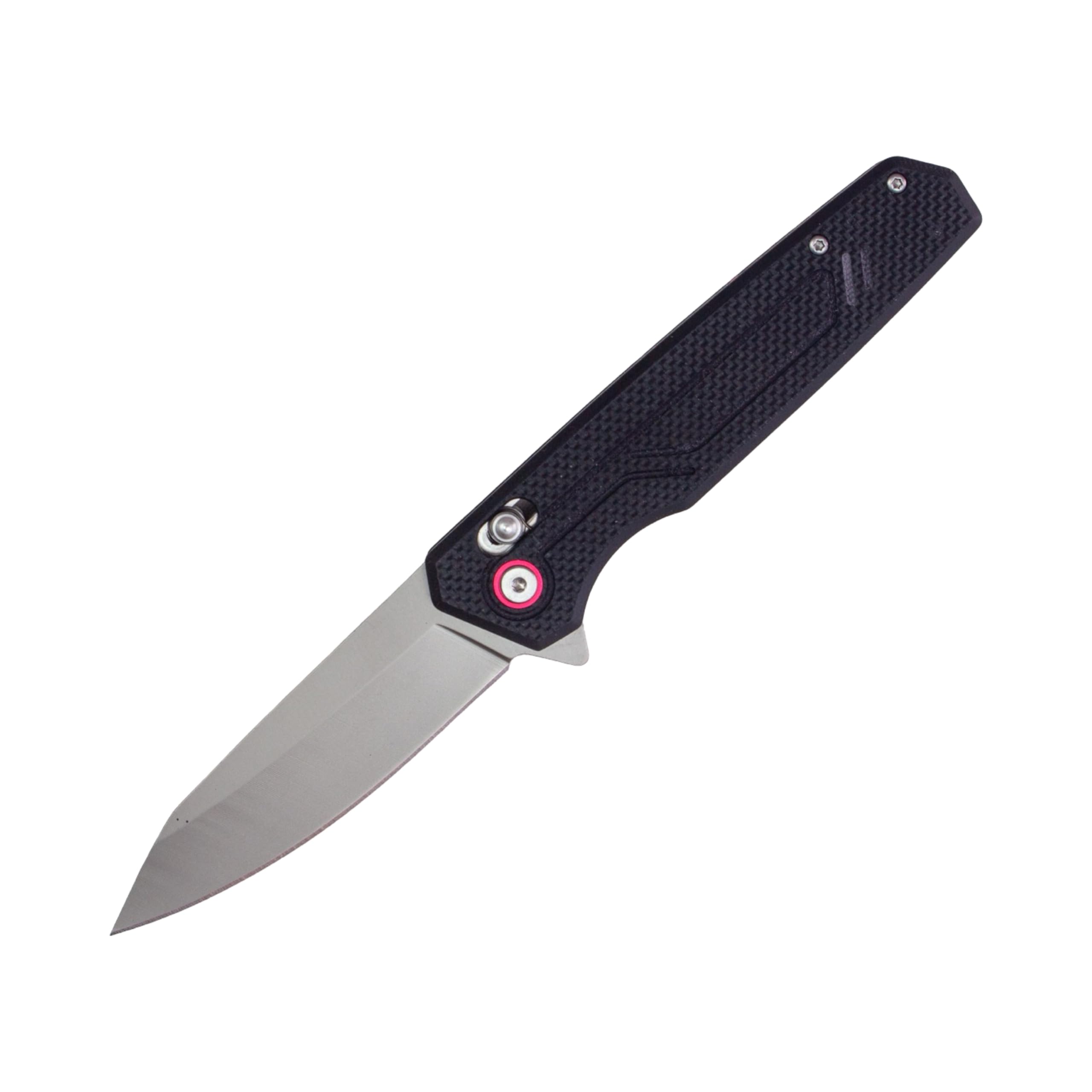 Bladetopia folding knife BT02, axis lock, G10 handle, deep pocket carry, assisted opening, 440C drop point style blade, Black/Red