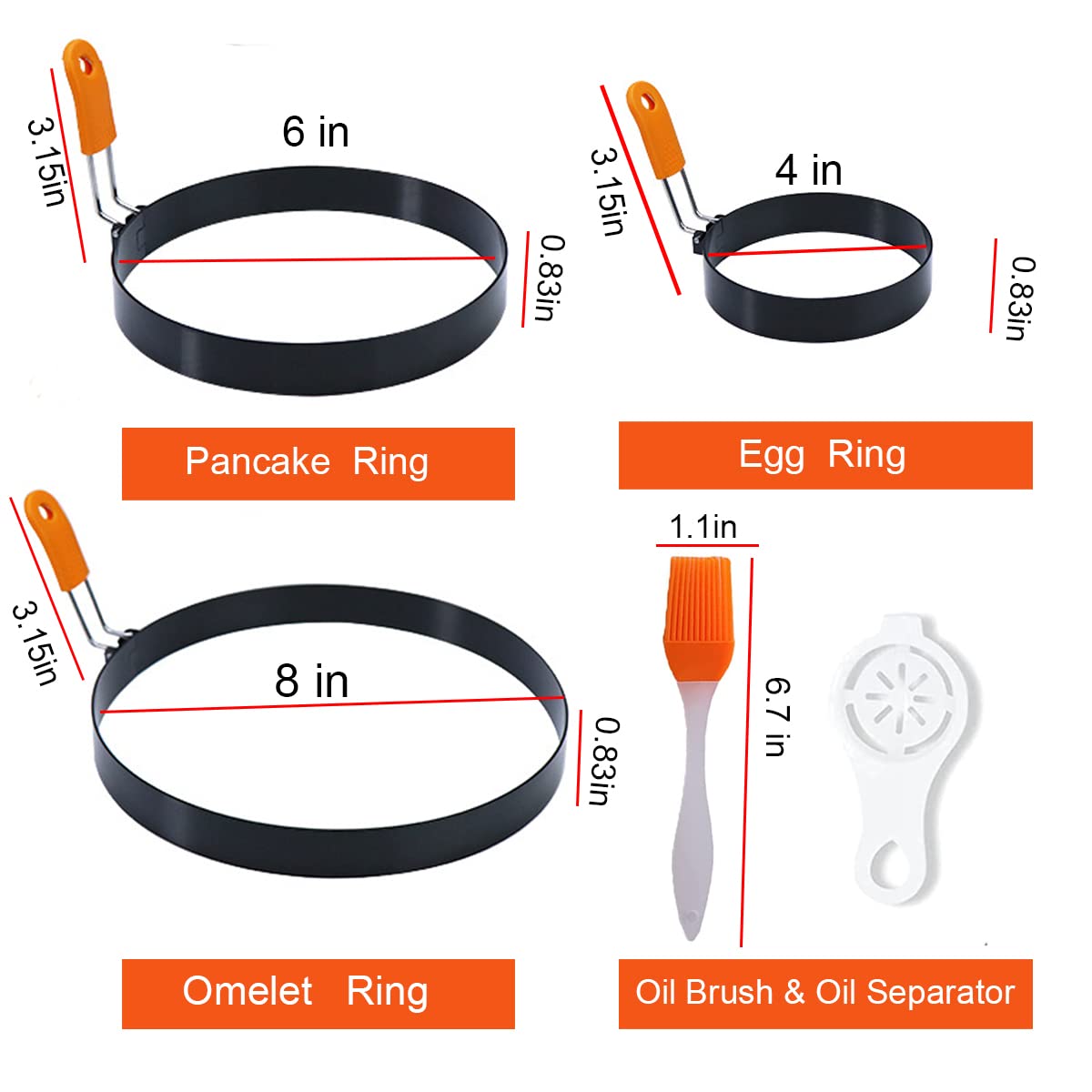 8" Large Omelette Ring,6" Pancake Ring,4" Round Egg Ring,6 Packs Egg Cooking Rings Set for Griddle Frying Eggs,Non-stick Stainless Steel Omelet Ring Egg Cooker Ring for Griddle with Accessorries