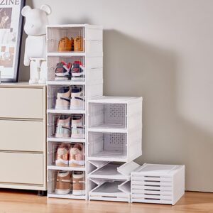 blsfaoem foldable shoe rack organizer size up to 14,no assembly stackable shoe storage box with doors,free standing plastic space saving shoe cabinet bins dustproof 6 tiers