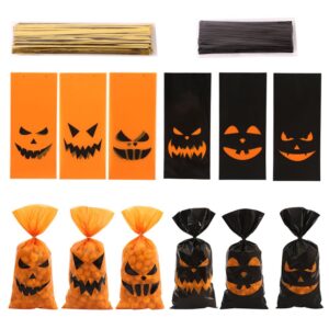 100pcs halloween treat bags candy bags,halloween plastic bags for kids trick or treat, halloween goodie bags with twist ties halloween snack sandwich cookie bags for party supplies