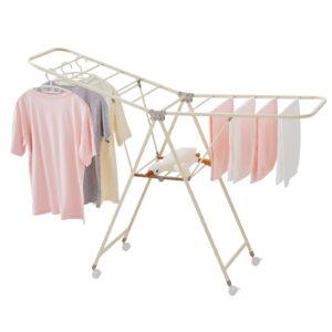 kaixin rabbit foldable clothes drying rack has 18 rods，waterproof and rust-proof coating，lockable wheels，steel laundry drying rack，collapsible for easy storage，works both indoors and out (cream)